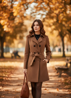 Women's double-breasted belted trench coat with notched collar and long sleeves