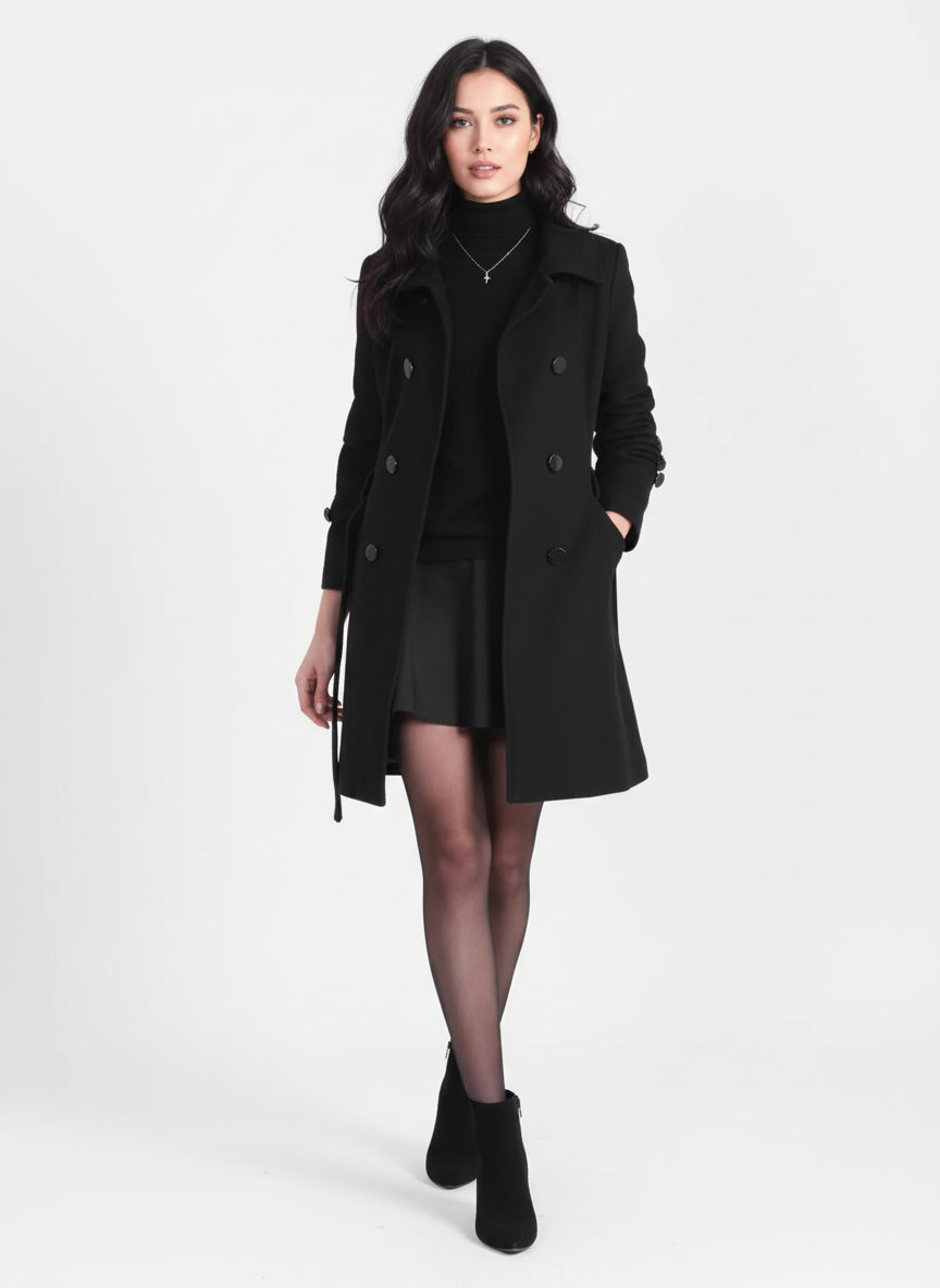 Women's double-breasted belted trench coat with notched collar and long sleeves