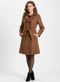 Women's double-breasted belted trench coat with notched collar and long sleeves
