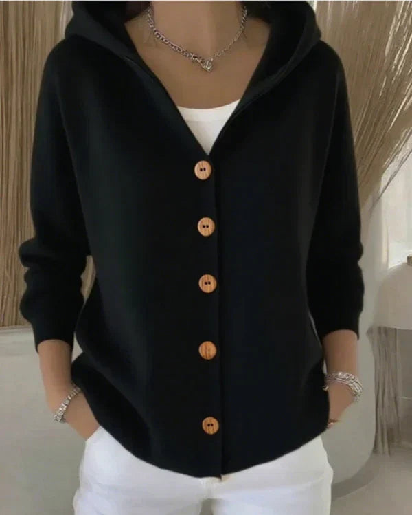 Women's hooded knit cardigan with button front and side pockets