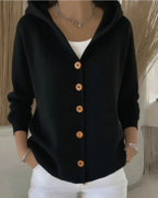 Women's hooded knit cardigan with button front and side pockets