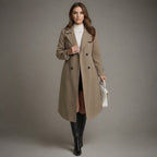 Women's long double-breasted trench coat with notched lapels and long sleeves