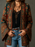 Women's long floral open-front cardigan with patterned borders and flared cuffs