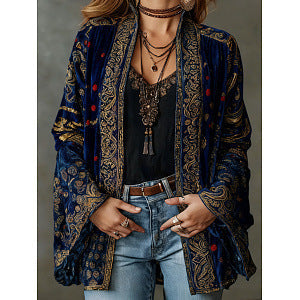 Women's long floral open-front cardigan with patterned borders and flared cuffs