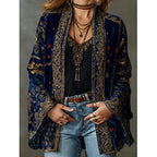 Women's long floral open-front cardigan with patterned borders and flared cuffs