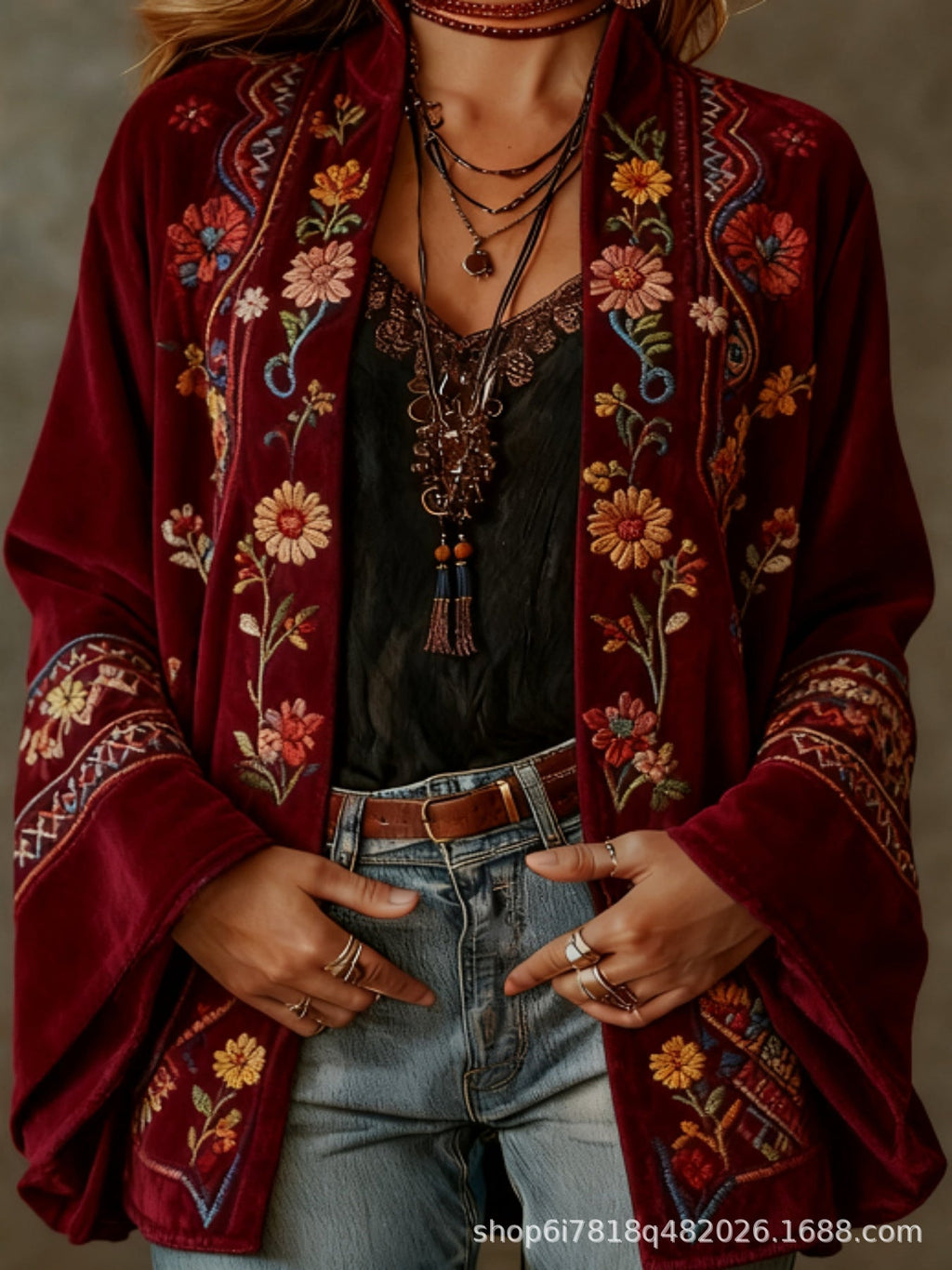 Women's long floral open-front cardigan with patterned borders and flared cuffs