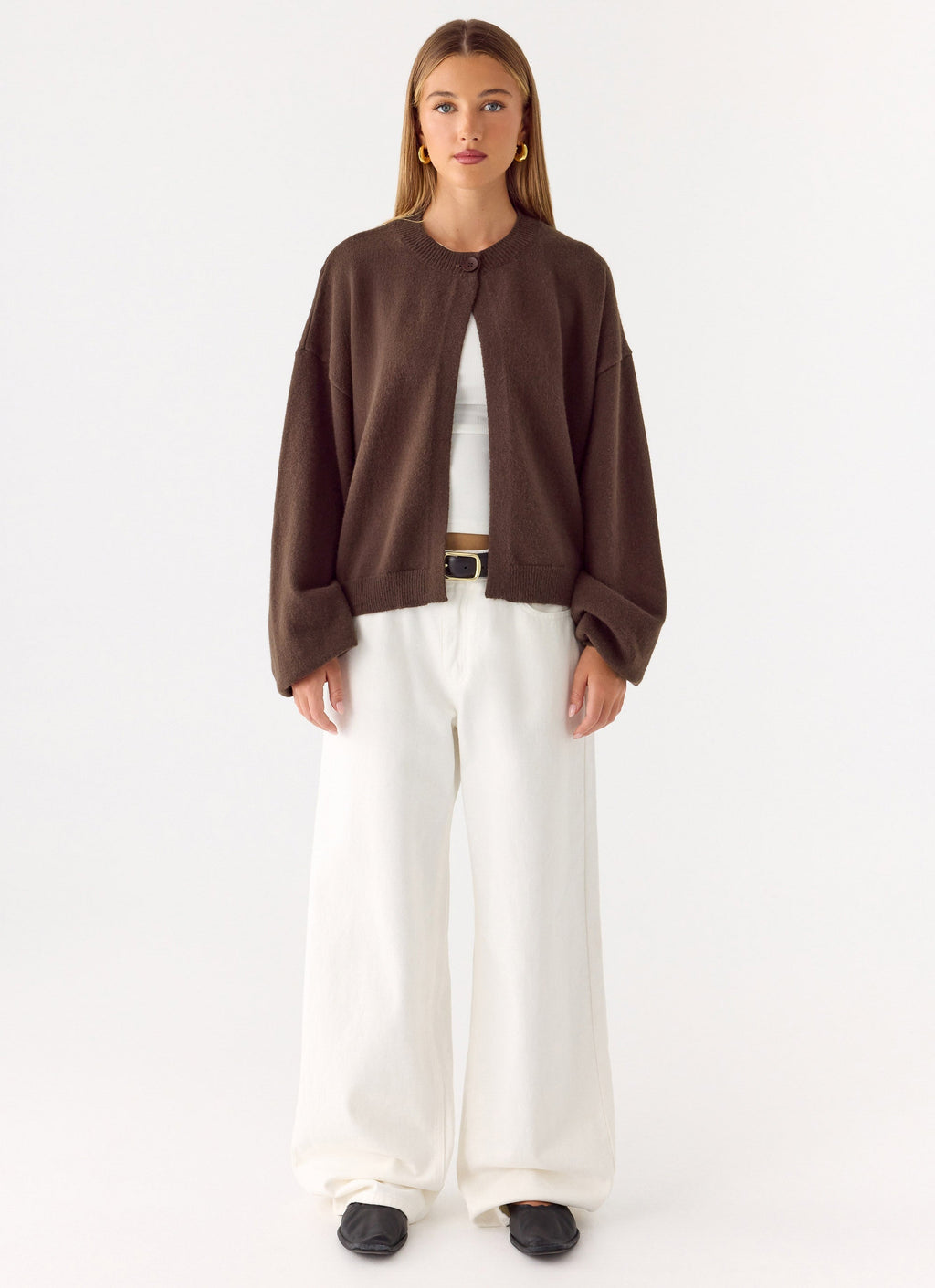 Women's brown one button cardigan with long sleeves