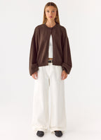 Women's brown one button cardigan with long sleeves