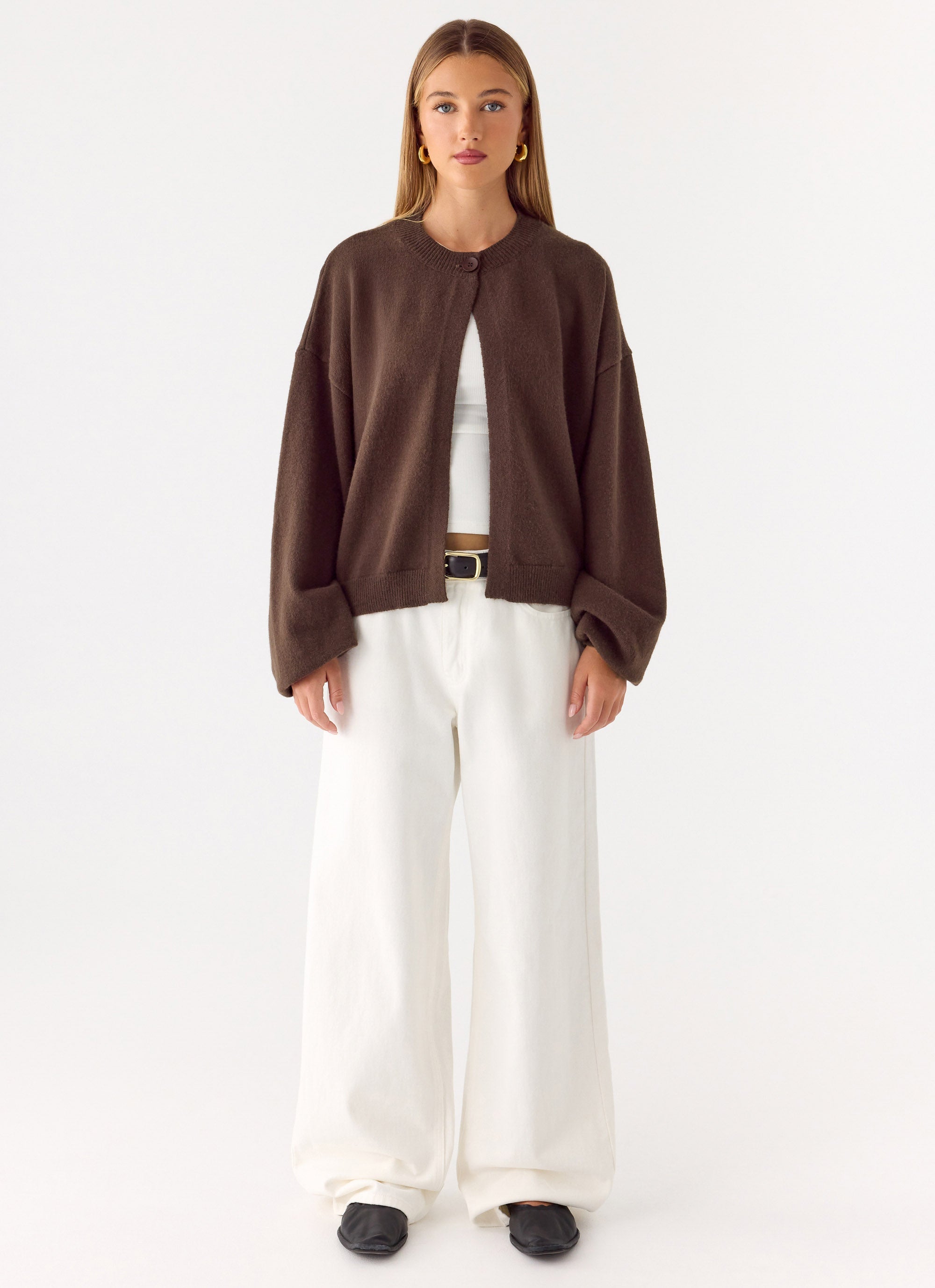 Women's brown one button cardigan with long sleeves