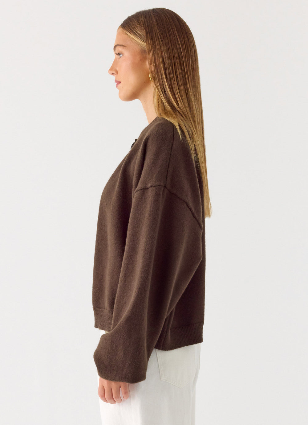 Women's brown one button cardigan with long sleeves
