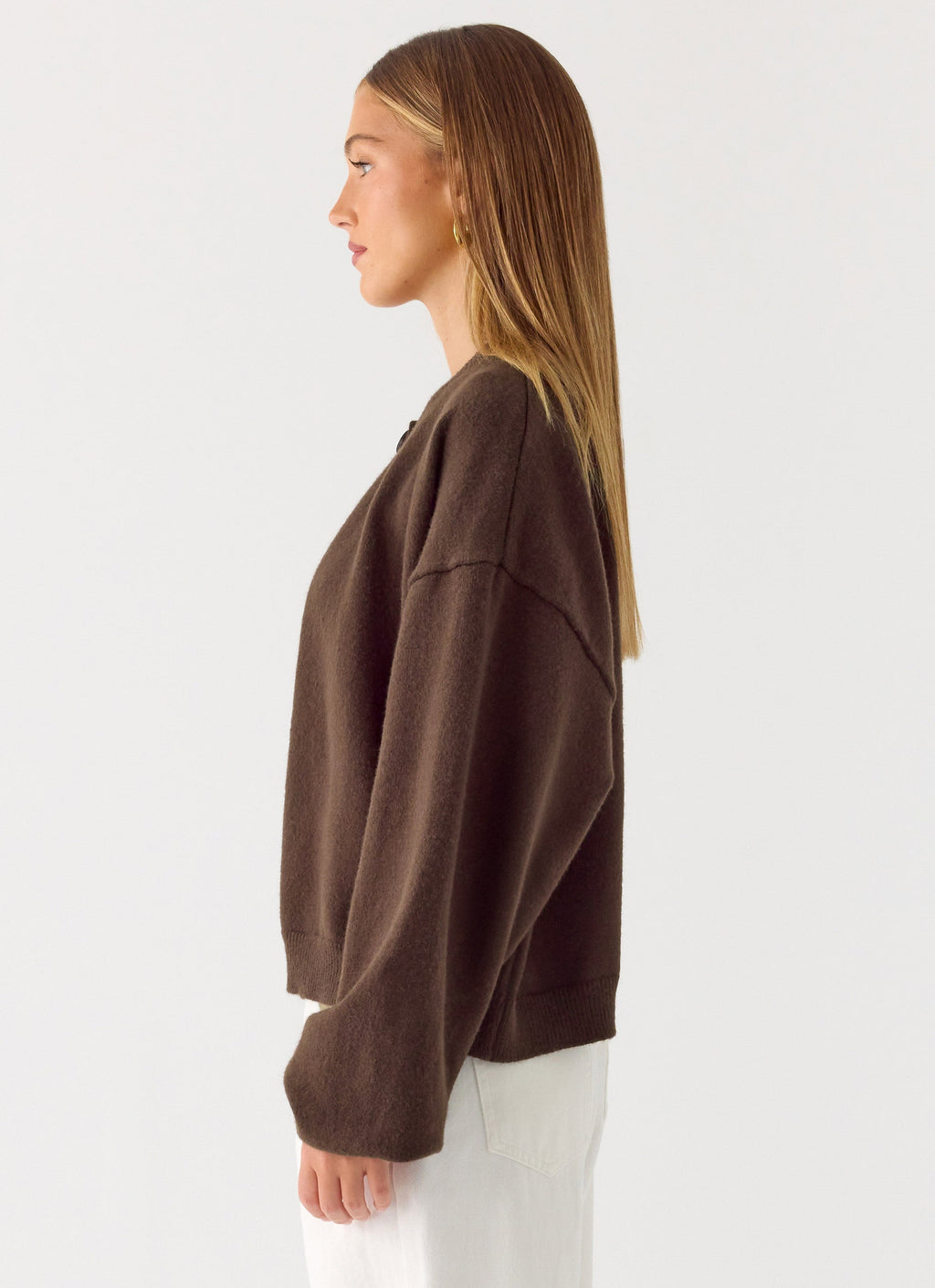 Women's brown one button cardigan with long sleeves