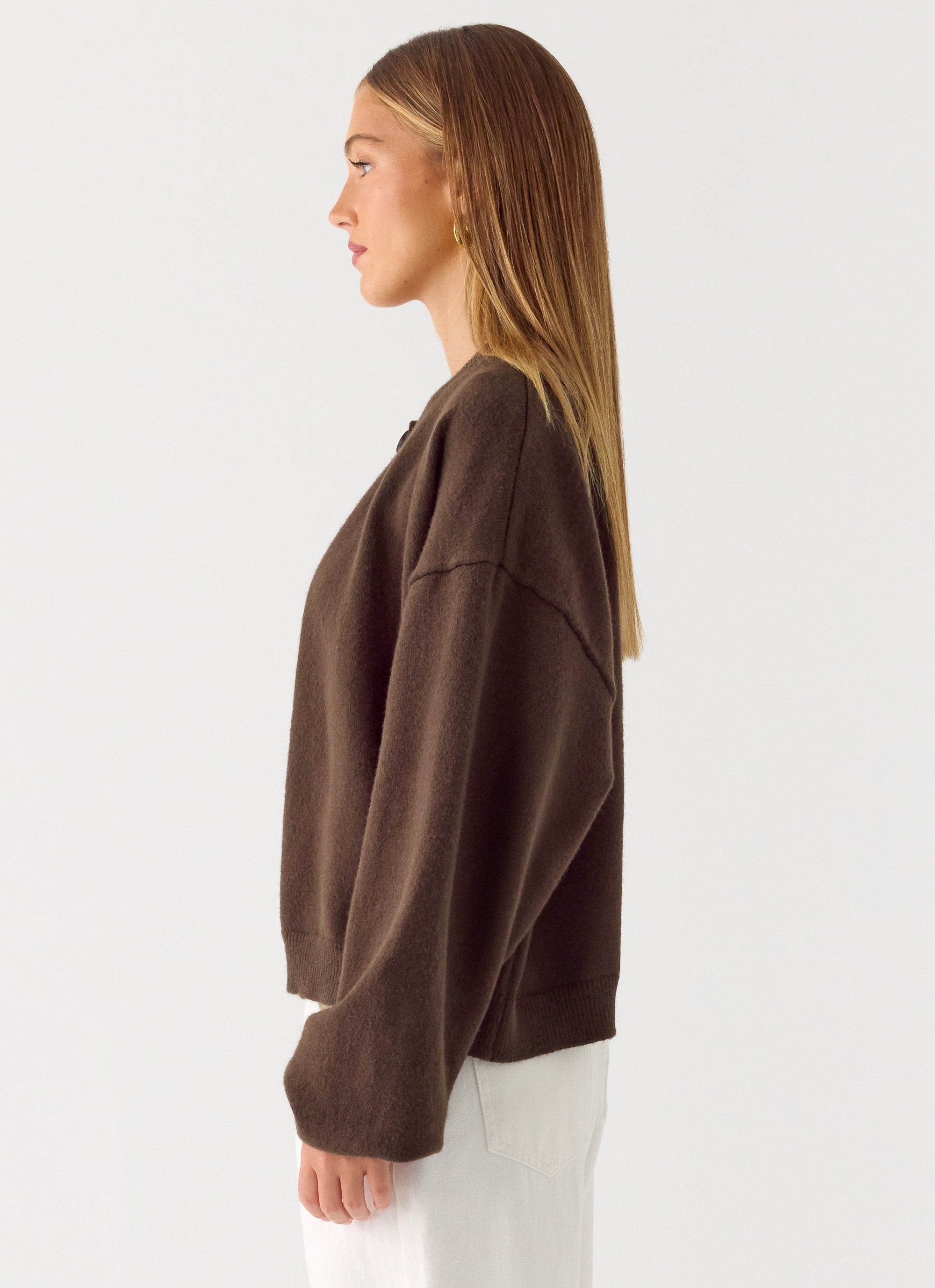 Women's brown one button cardigan with long sleeves