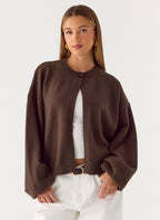 Women's brown one button cardigan with long sleeves