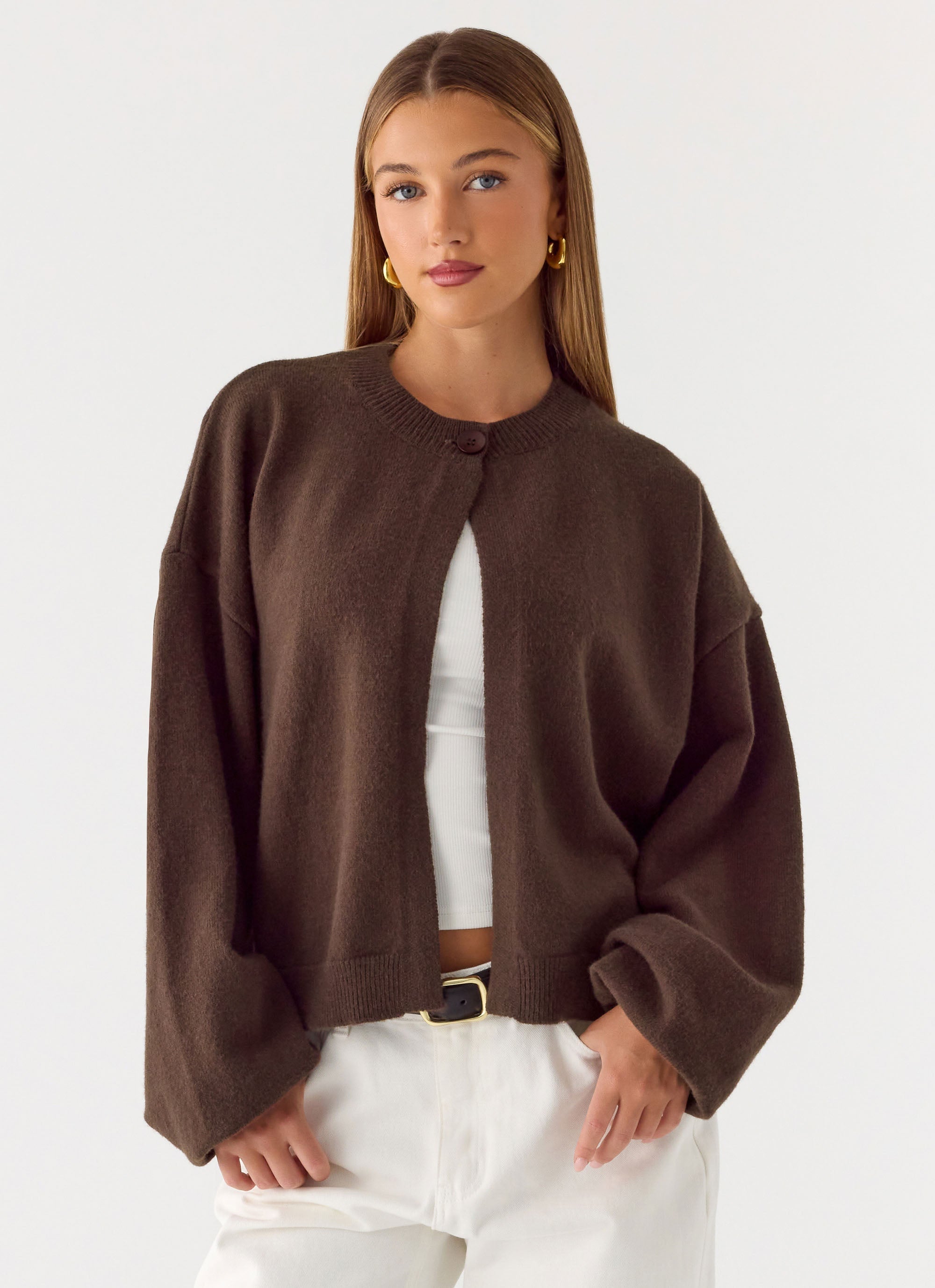 Women's brown one button cardigan with long sleeves