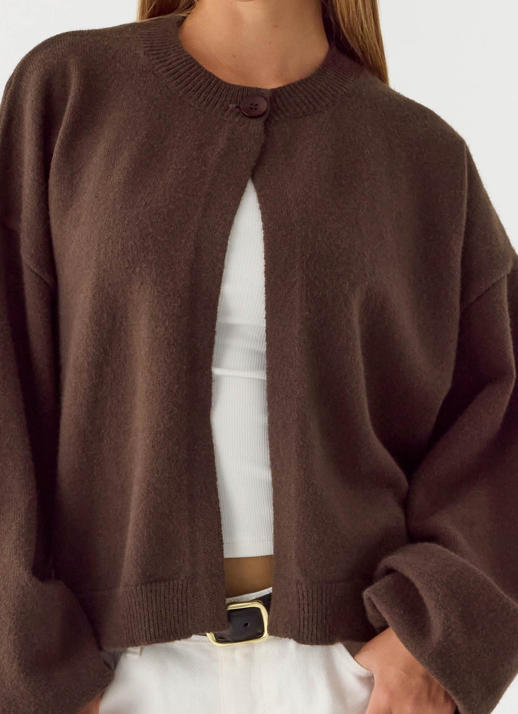 Women's brown one button cardigan with long sleeves