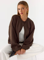 Women's brown one button cardigan with long sleeves