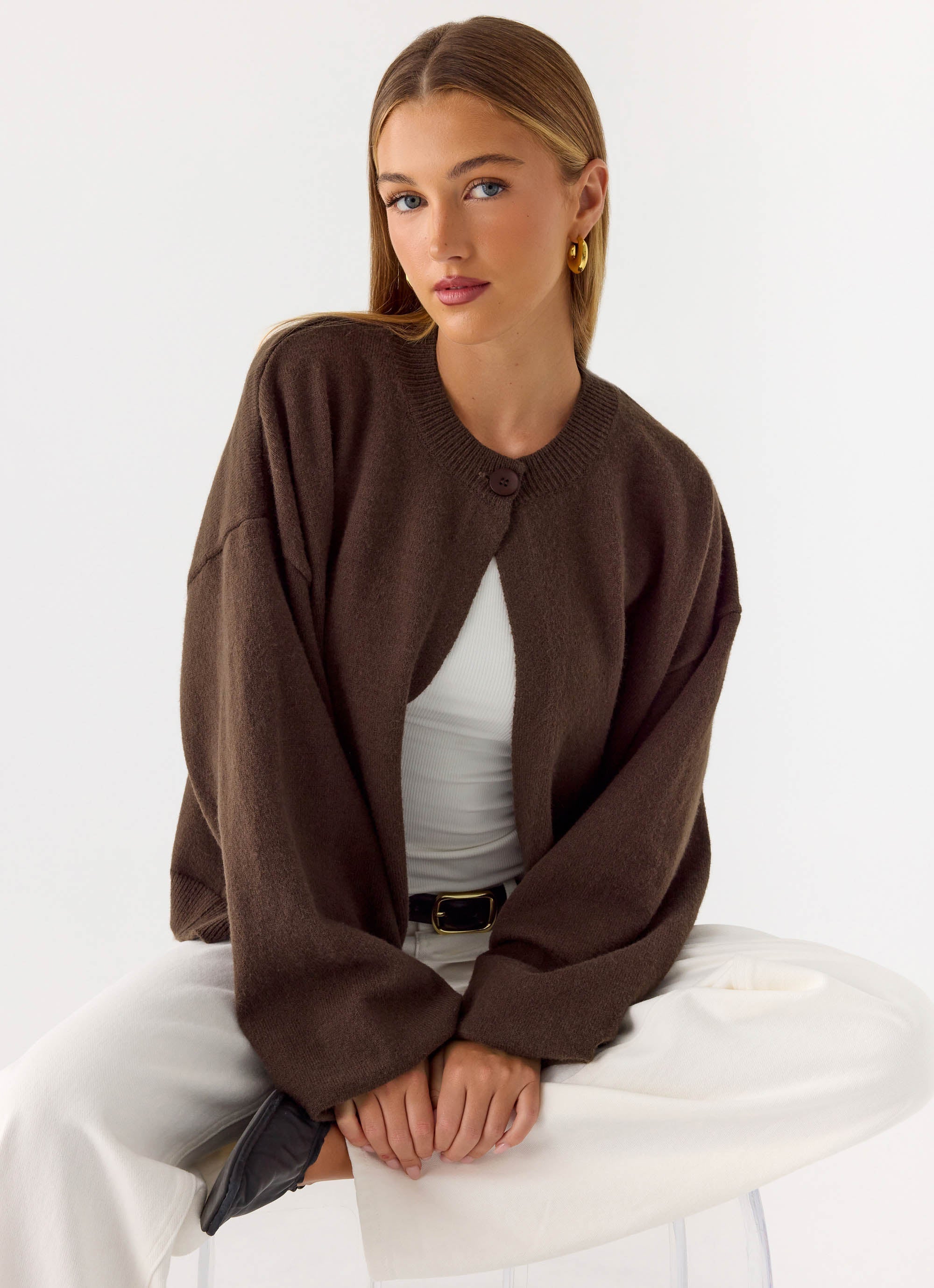 Women's brown one button cardigan with long sleeves