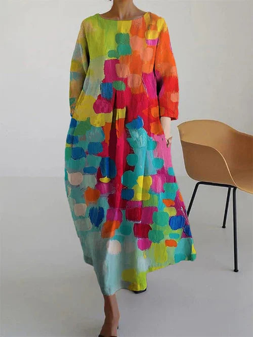 Women's multicolour abstract print midi dress with three-quarter sleeves