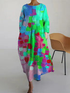 Women's multicolour abstract print midi dress with three-quarter sleeves