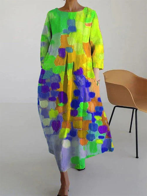 Women's multicolour abstract print midi dress with three-quarter sleeves