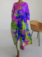 Women's multicolour abstract print midi dress with three-quarter sleeves