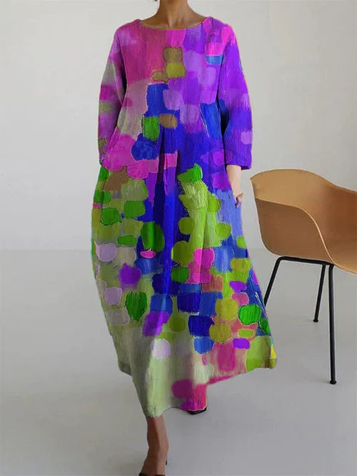 Women's multicolour abstract print midi dress with three-quarter sleeves
