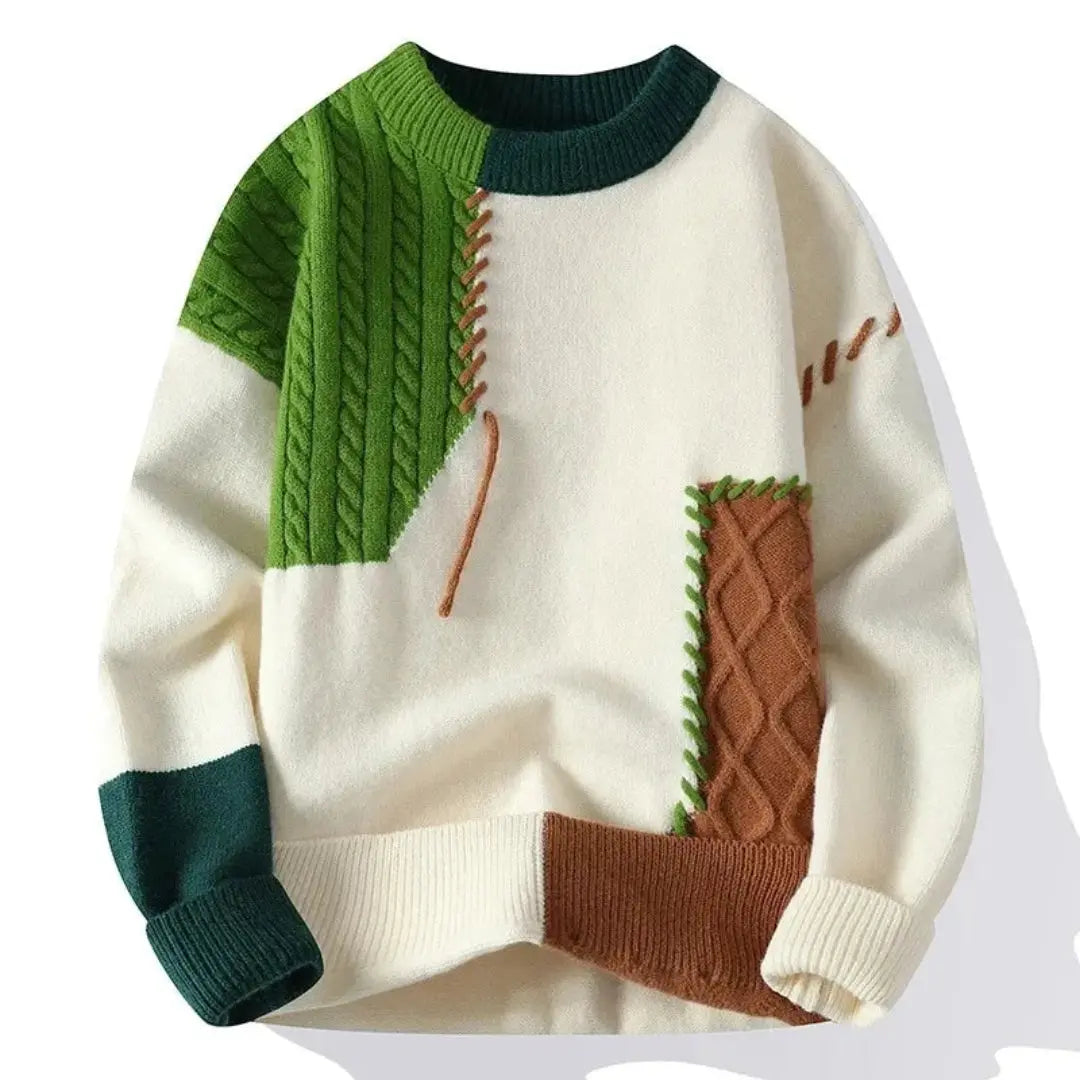 Patchwork cable knit sweater with crew neck and long sleeves