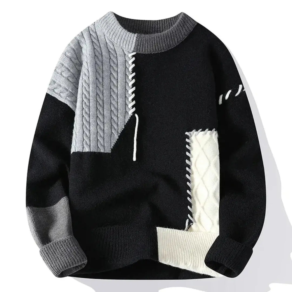 Patchwork cable knit sweater with crew neck and long sleeves