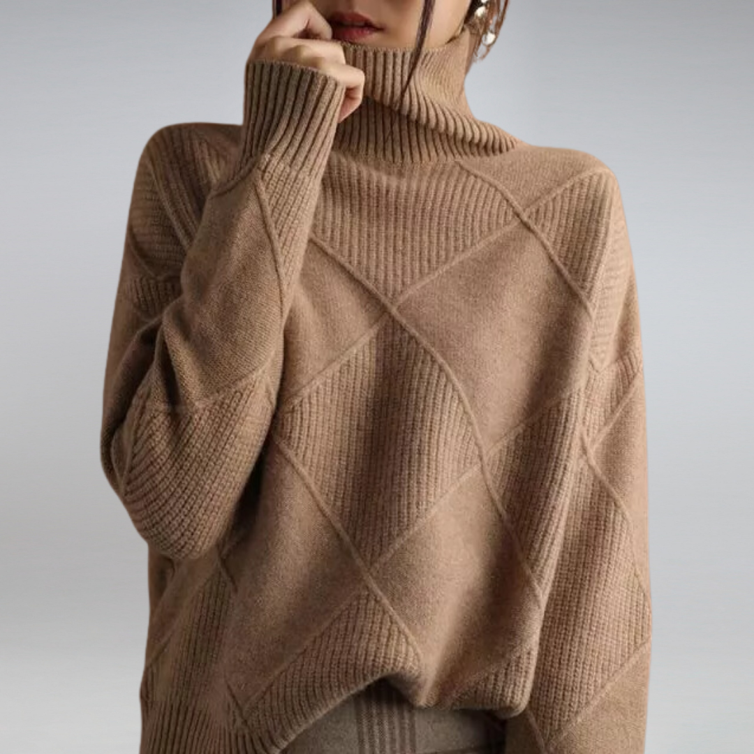 Women's diamond-pattern turtleneck sweater with long sleeves