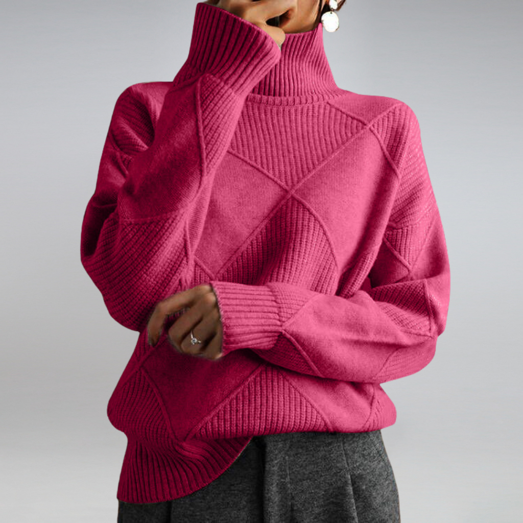 Women's diamond-pattern turtleneck sweater with long sleeves
