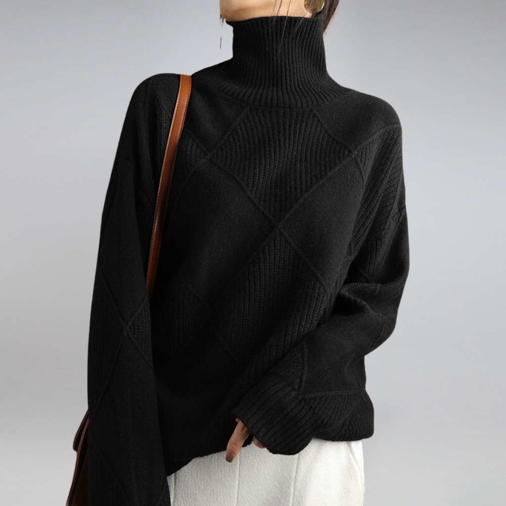 Women's diamond-pattern turtleneck sweater with long sleeves