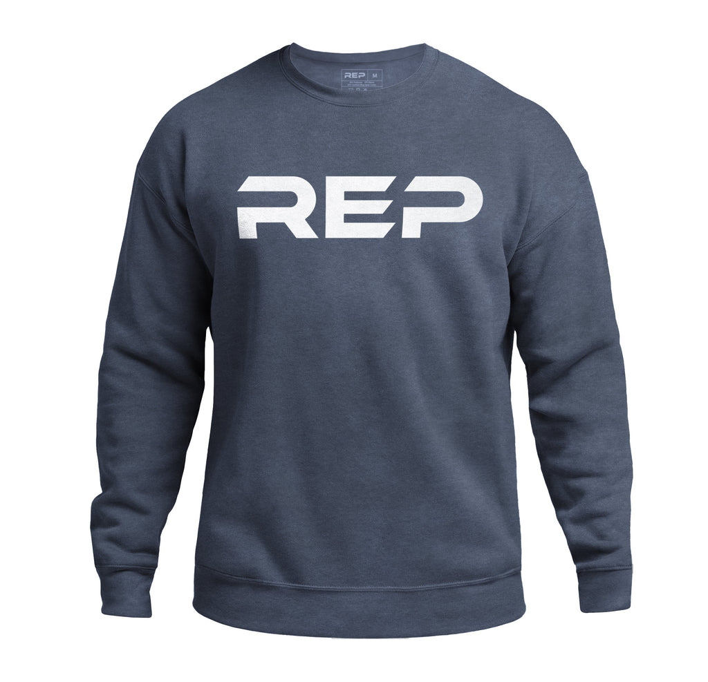 Navy and white unisex crewneck sweatshirt with large REP logo