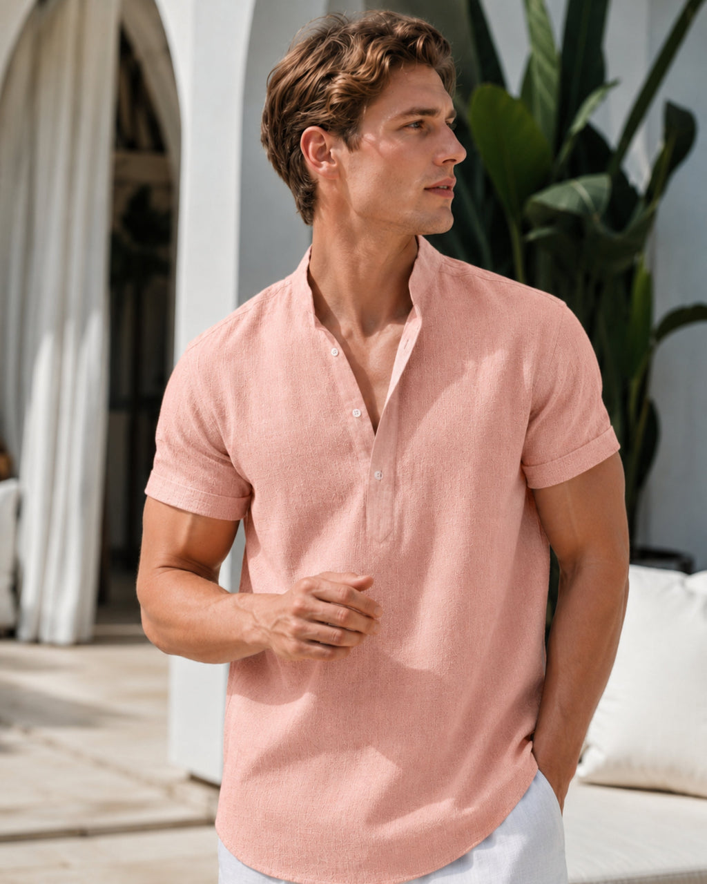 Men's short sleeve Henley shirt with band collar and button placket