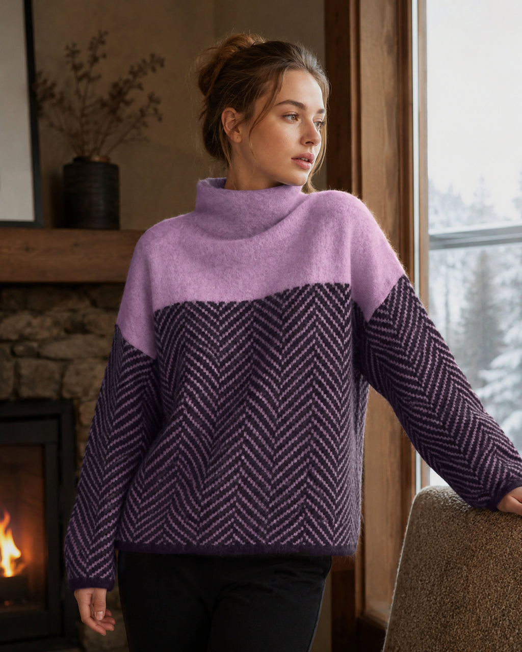 Women's relaxed turtleneck jumper with contrasting chevron knit pattern