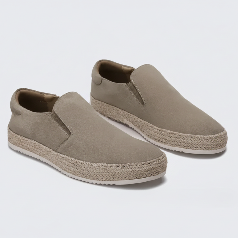 Men's slip-on loafers with braided espadrille trim and flat soles