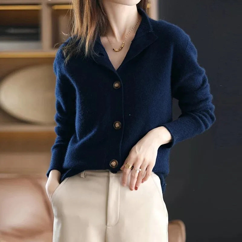 Women's button front cardigan with ribbed stand collar and long sleeves