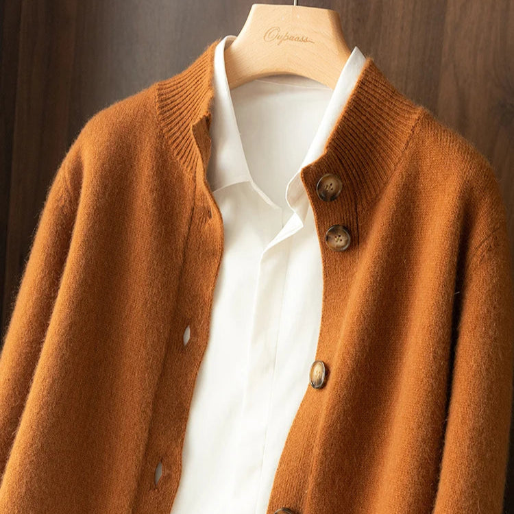 Women's button front cardigan with ribbed stand collar and long sleeves