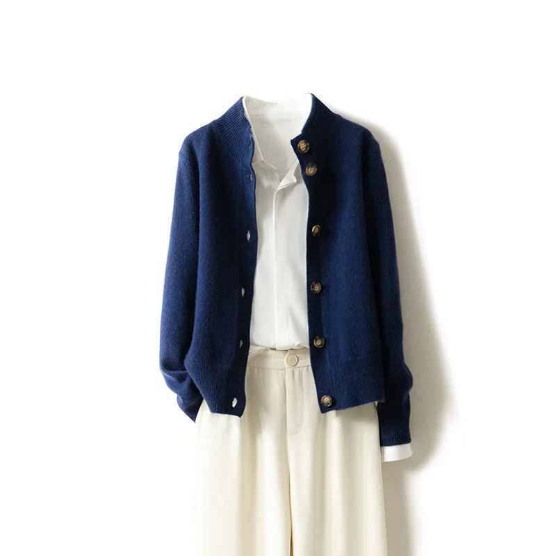 Women's button front cardigan with ribbed stand collar and long sleeves
