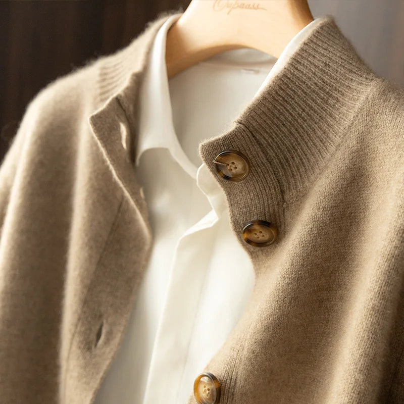 Women's button front cardigan with ribbed stand collar and long sleeves