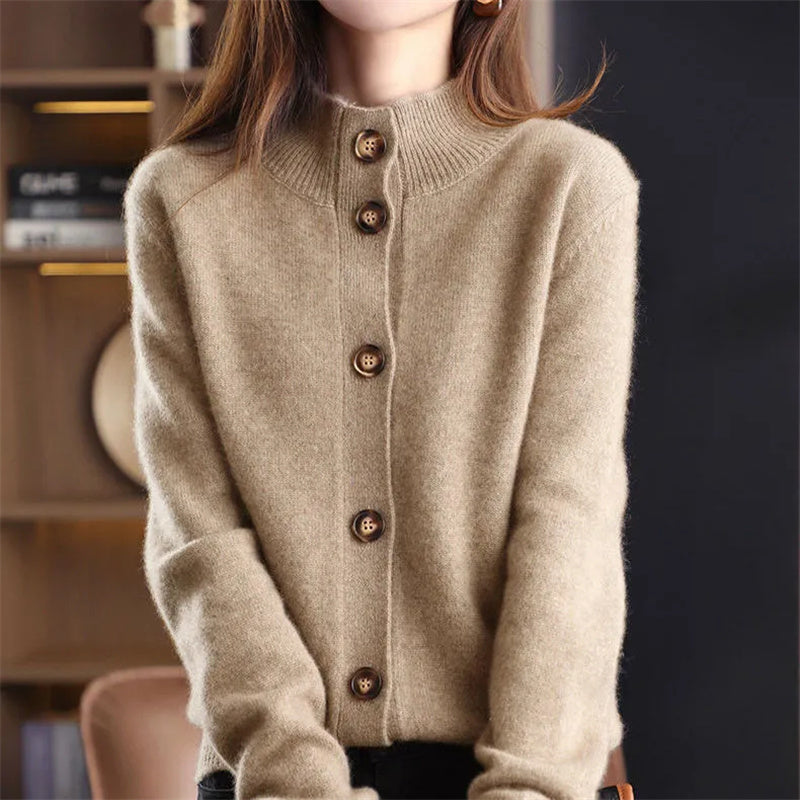 Women's button front cardigan with ribbed stand collar and long sleeves