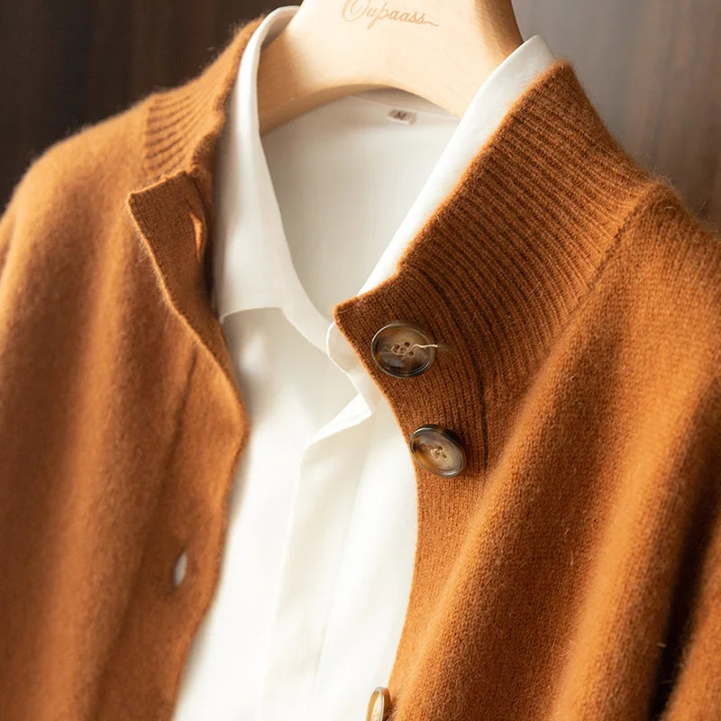 Women's button front cardigan with ribbed stand collar and long sleeves