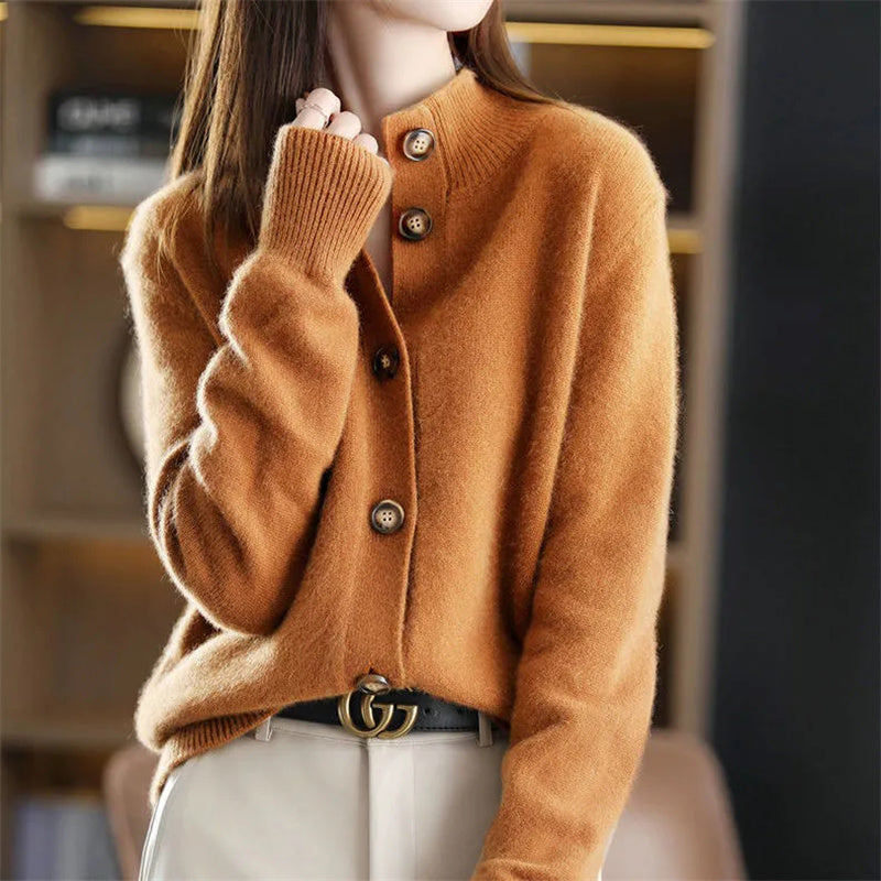 Women's button front cardigan with ribbed stand collar and long sleeves