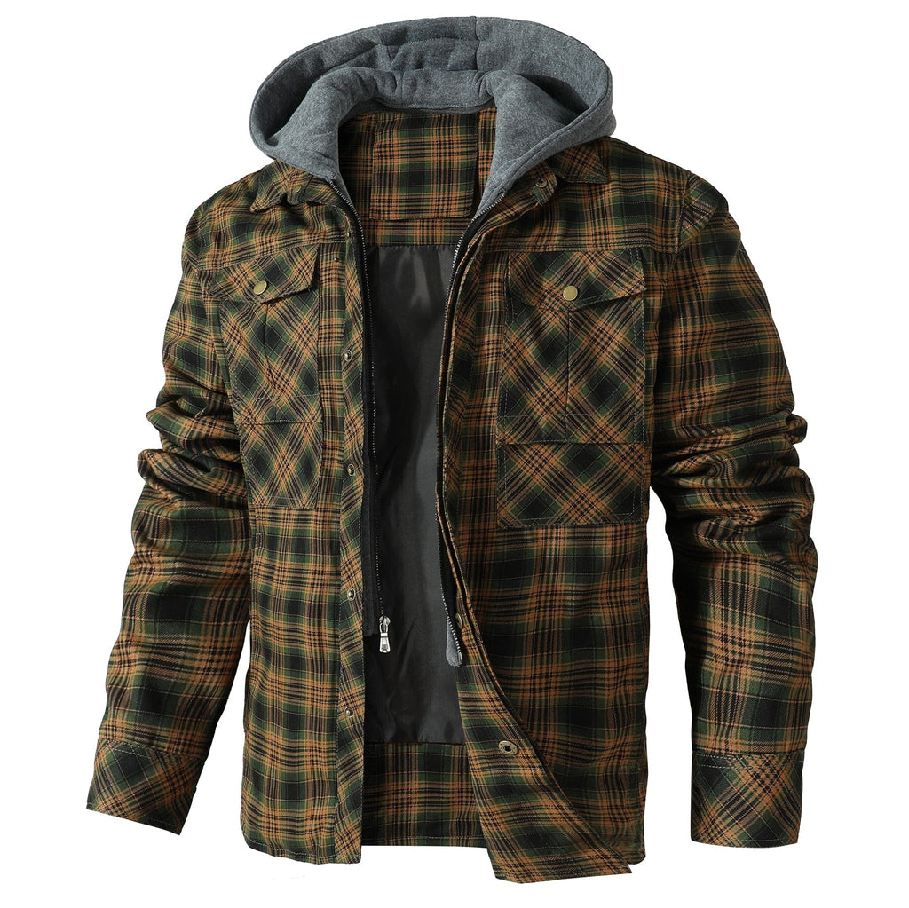 Men's checked hooded jacket with long sleeves and utility pockets