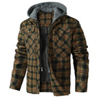 Men's checked hooded jacket with long sleeves and utility pockets