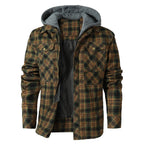 Men's checked hooded jacket with long sleeves and utility pockets