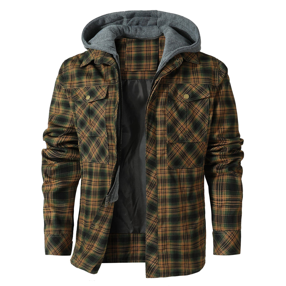Men's checked hooded jacket with long sleeves and utility pockets