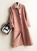 Women's checked long coat with Peter Pan collar, front buttons and patch pockets