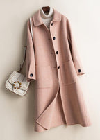 Women's checked long coat with Peter Pan collar, front buttons and patch pockets