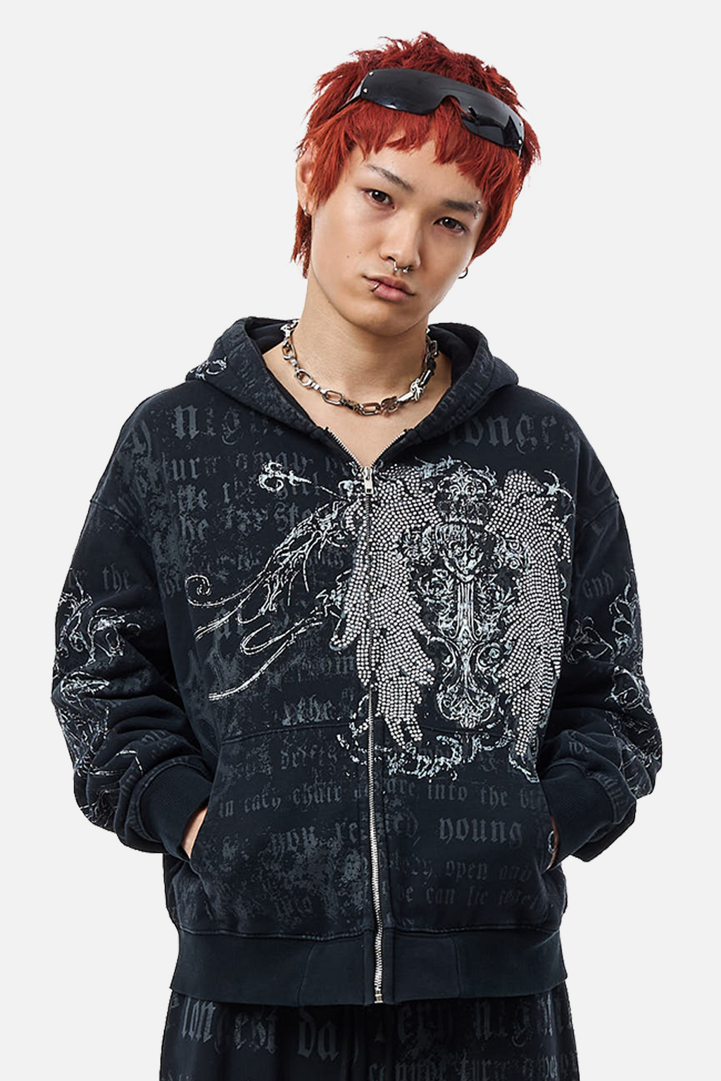 Men's black hooded zip hoodie with text and ornamental graphics