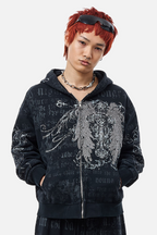 Men's black hooded zip hoodie with text and ornamental graphics